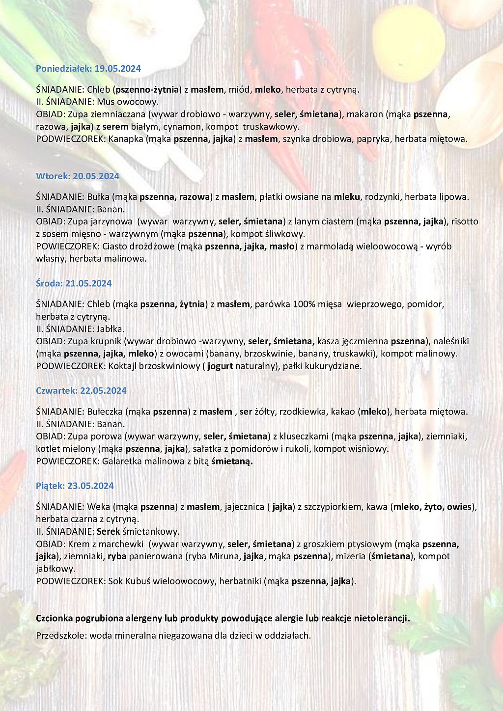 Jadłospis od poniedziałku do piątku 